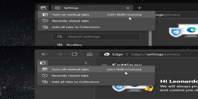 Edge Canary now lets you show and hide vertical tabs with a keyboard shortcut