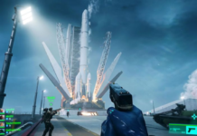 A player in the Battlefield 2042 Beta grabs a rocket and flies into the sky