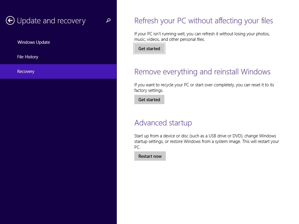 Where to find Recovery Screen Option on Windows 8 