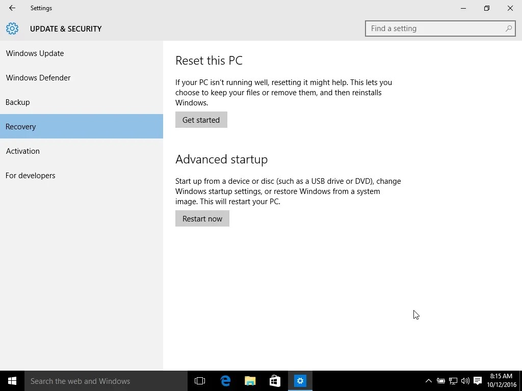 Where to find Recovery Screen Option on Windows 10
