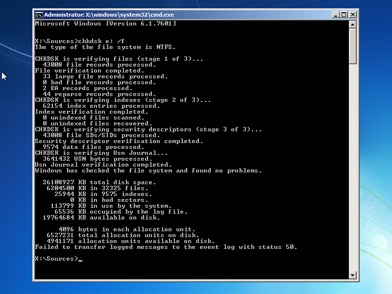 Windows 7 Chkdsk utility results screen