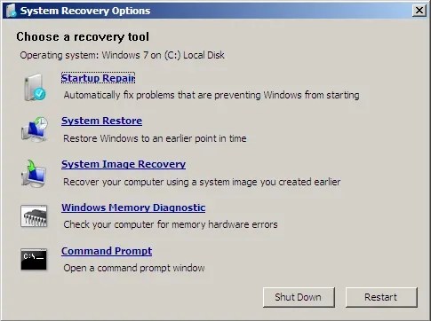 How to Windows 7 System Recovery Options Screen